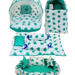 Fareto Combo of Baby Bed with Net Sleeping Bag 4 Pcs Bedding Set Nest set,Aqua Green-image-111
