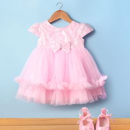 Babyhug Woven Cap Sleeves Mesh Sequinned Yoke Party Dress with Headband & Booties - Light Pink-image-34