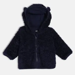 MINI KLUB Cotton Knit Full Sleeves Ear Applique & Fur Detailed Hooded Jacket - Navy Blue-picture-9