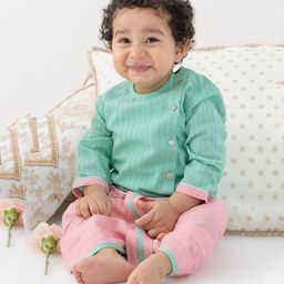 Tiber Taber Cotton Lurex Woven Full Sleeves Foil Striped Kurta Dhoti Set - Green-image-90