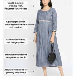 Dummy Shape Three Fourth Sleeves Striped Maternity Flared Kurta With Nursing Access & Abstract Embroidered Attached Belt - Blue image 3