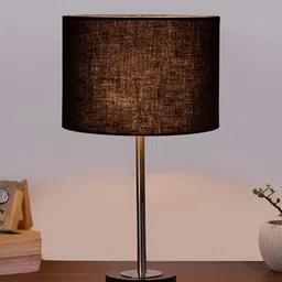 Aura Black & Silver-Toned Textured Metal Cylinder Shaped Table Lamp-30