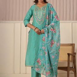 SUAAC Women Ethnic Motifs Embroidered Regular Thread Work Kurta with Trousers & With Dupatta-1