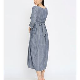 Dummy Shape Three Fourth Sleeves Striped Maternity Flared Kurta With Nursing Access & Abstract Embroidered Attached Belt - Blue image 5