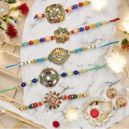 MEIRA JEWELLERY 7 Pcs Kundan Rakhi With Greeting Card & Roli Chawal-image-34