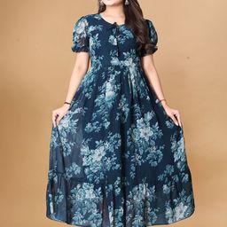 KRISHTI CREATION Floral Print Puff Sleeve Georgette Fit & Flare Maxi Dress-picture-10