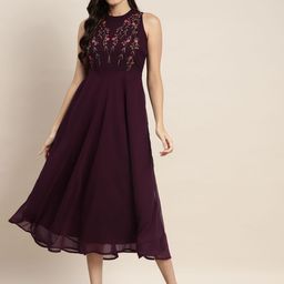 Jompers Purple & Pink Floral Embroidered A-Line Midi Dress-image-32