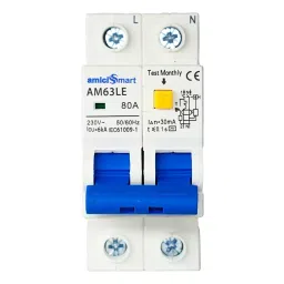 amiciSmart Circuit Breaker – 80 Amp 220 VAC with Overcurrent & Leakage Protection, Shock-Proof Design, 1x2M-RCBO-MO-80A-16