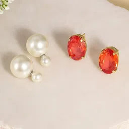 MANSIYAORANGE Korean Set Of 2 Gold-Plated Pearls Studded Spherical Double Sided Studs-picture-32