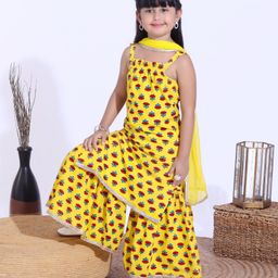 Babyhug Singlet Kurti & Sharara With Dupatta Floral Print - Yellow-picture-16