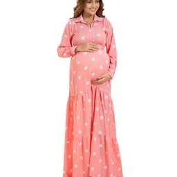 Mom for sure by Ketki Dalal Full Sleeves Polka Dot Printed Maternity & Nursing Maxi Dress With Belt - Pink-picture-45