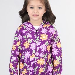 Babyhug Cotton Knit Full Sleeves Front Open Sweatjacket with Hood  Floral Print- Purple-image-87