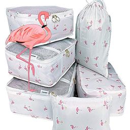 House of Quirk Packing Cubes 7 Pieces Travel Luggage Packing Organizers Set with Toiletry Bag - White Flamingo-picture-3