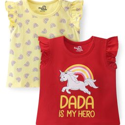 Doodle Poodle 100% Cotton Frilled Sleeves Unicorn & Rainbow  Printed T-Shirts Pack of 2 - Red & Yellow-picture-8