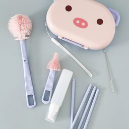 Baby Bottle Brush Cleaner Set With Removable Drying Stand Tray Baby Bottles Drying Rack With Storage Box,Soap Dispenser, Baby Travel Essential Bottle Brush Set - Pink-picture-18