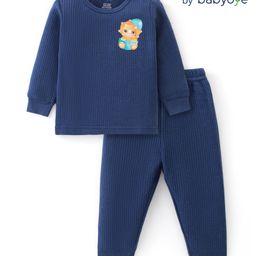 Babyoye Cotton Modal Blend Knit Full Sleeves Pullover Thermal Vest & Pant Set with Animal Print -Navy Blue-image-38