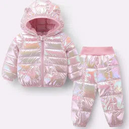 Kookie Kids Full Sleeves Hooded Front Zipper Holographic Winter Wear Suit - Light Pink-picture-1