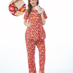 Bella Mama Cotton Knit Half Sleeves Nursing Night Suit Floral Print - Wine-image-80