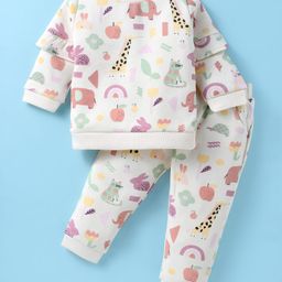 ToffyHouse Fleece Knit Full Sleeves Winter Top with Lounge Pant Set with Animal Print - White-image-107
