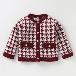 Yellow Apple Knit Full Sleeves Checkered Front Open Sweater - Maroon-image-96