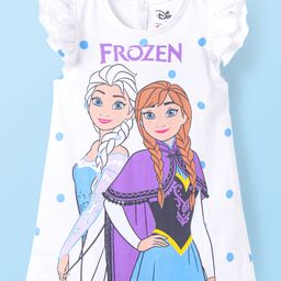 Babyhug Disney Single Jersey Knit Frill Sleeves Nighty with Elsa & Anna Graphics - White-picture-20