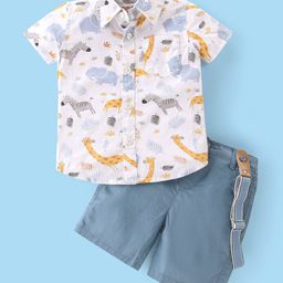 Babyhug Cotton Woven Half Sleeves Leaf Printed Shirt & Denim Shorts Set - White & Blue-image-26