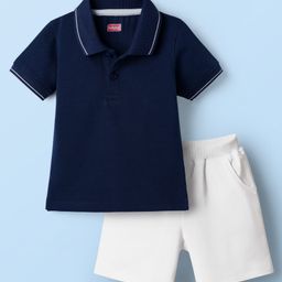 Babyhug Single Jersey Knit Half Sleeves Solid Color Polo T-Shirt and Shorts Set - Navy Blue-image-93