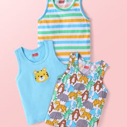 Babyhug Single Jersey Knit Sleeveless Sando Vests with Animal Print & Stripes Pack of 3 - Light Blue & White-image-95