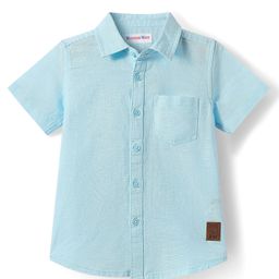 Kookie Kids Cotton Linen Woven Half Sleeves Slim Fit Solid Shirt with Badge - Light Blue-image-97
