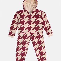MINI KLUB Cotton Full Sleeves Geometric Printed Hoodie & Lounge Pants Set - Marshmallow & Maroon-image-60