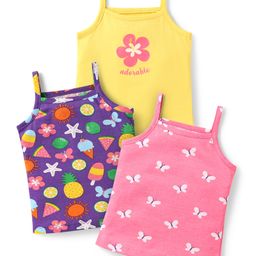 Babyhug 100% Cotton Single Jersey Knit Sleeveless Slips With Floral & Butterfly Print Pack Of 3 - Pink Blue & Yellow-image-78