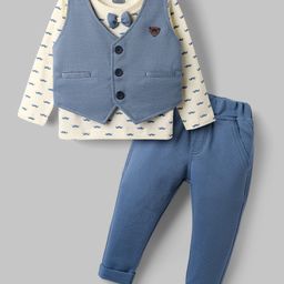 Mini Taurus Sinker Knit Full Sleeves 3 Piece Party Suit with Attached Bow with Moustache Print - White & Blue-image-22