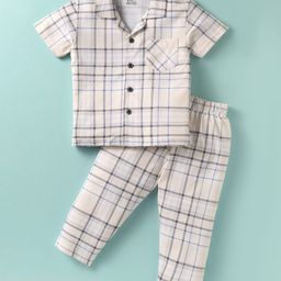 Smarty Boys Sinker Knit Half Sleeves Co-ords Night Suit With Checks Print - Cream-image-27