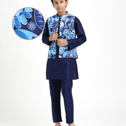 Pine Kids Cotton Woven Full Sleeves Kurta Pyjama Set with Jacket With Paisley Print - Blue-picture-0