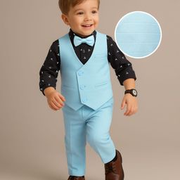 Babyhug Woven Full Sleeves Bird Printed 3 Piece Party Suit With Bow - Aqua Blue-image-26
