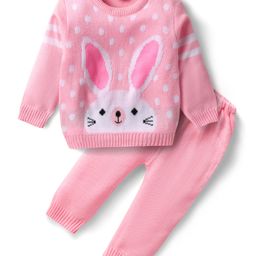 Babyhug Knitted Full Sleeves Sweater Set with Bunny Design - Pink-image-13