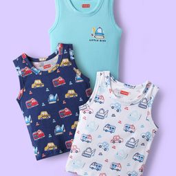 Babyhug 100% Cotton Knit Sleeveless Antibacterial Sando with Vehicle Print Pack of 3 - White Light Blue & Navy Blue-picture-30