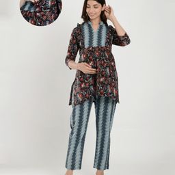 Ikk Kudi by Seerat Cotton Woven Three Fourth Sleeves Floral Printed Maternity Kurta With Nursing Access & Pant Set - Black-image-86