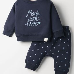 Ollypop Fleece Knit Full Sleeves Winter Wear T-Shirt & Diaper Leggings Set With Heart Print - Navy Blue-picture-5