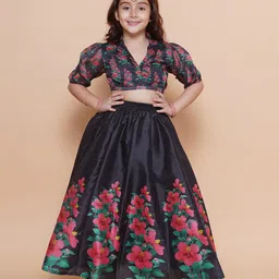 Bitiya By Bhama Silk Woven Half Puffed Sleeves Floral Printed Lehenga Choli Set - Black-picture-8