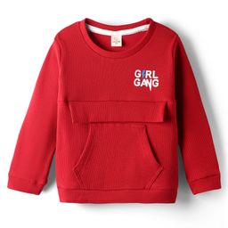 Olio Kids Knitted Full Sleeves Winter T-Shirt With Kangaroo Pockets & Girl Gang Print - Dark Red-picture-37
