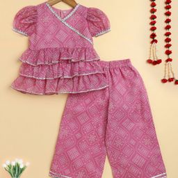 The Magic Wand Woven Half Puffed Sleeves Bandhani Printed Gota Lace Embellished Coordinating Top & Pant Set - Pink-picture-11