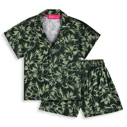 Tilism Knit Half Sleeves Leaves Printed Shirt & Shorts Coordinating Night Suit Set - Multi Colour-picture-24