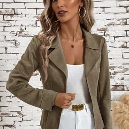 Outzidr Single-Breasted Suede Blazer With Raw Edge Detail-image-53