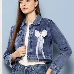 Aarika Washed Cropped Denim Jacket with Bow Detail-picture-3