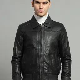 Monte Carlo Men Spread Collar Solid Casual Leather Jacket-18