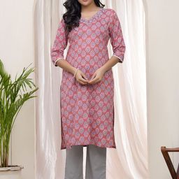VAASVA JAIPUR Floral Printed V-Neck Cotton Silk Straight Kurta With Trousers-picture-9