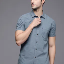 Voi Jeans Men Blue Slim Fit Self-Striped Pure Cotton Casual Shirt-image-98