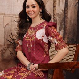 Sangria Ethnic Motifs Print Puff Sleeves Kurta with Trousers-picture-33