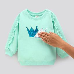 Bonfino Cotton Full Sleeves Sweatshirt With Sequin Flip Detailing - Green-image-4